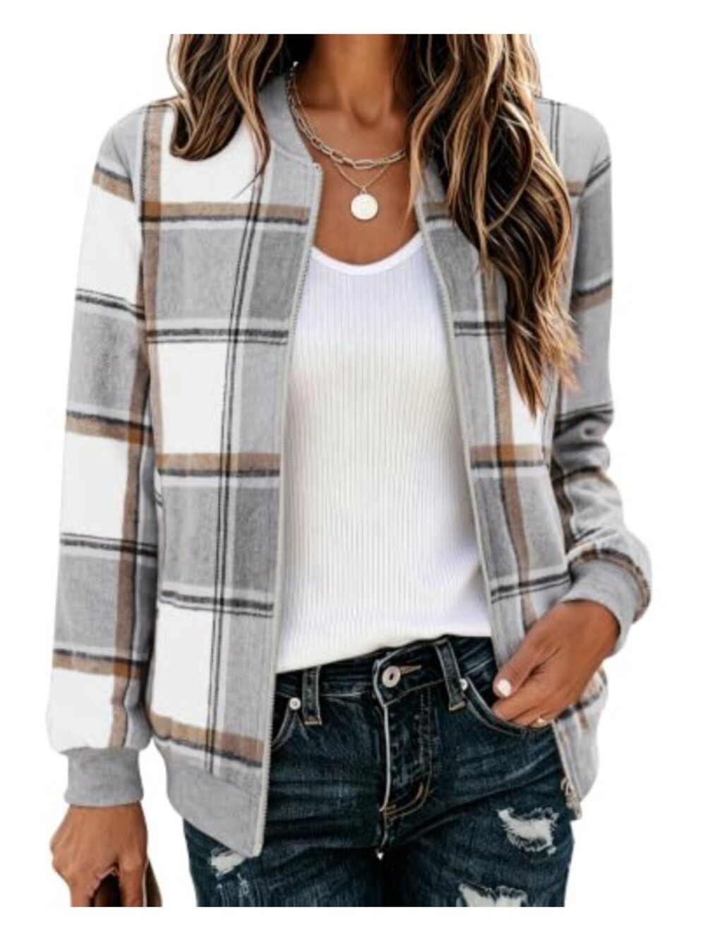 Lightweight Plaid Flannel Bomber Jacket Zip Up Casual Coat